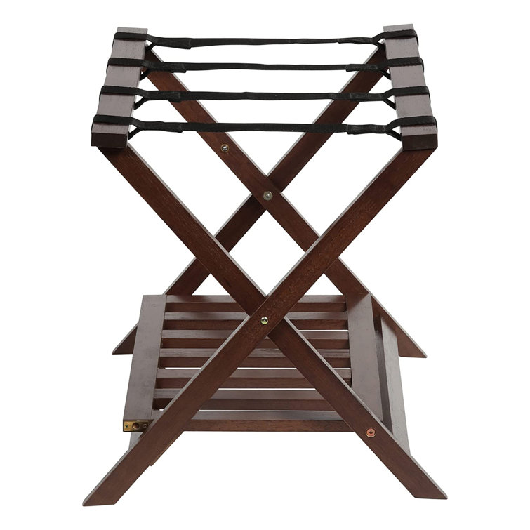 Walnut Folding Wooden Luggage Rack with Bottom Shelf, 2-Pack
