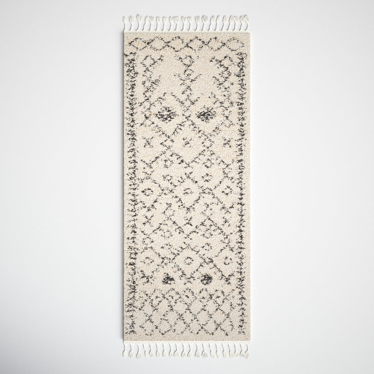 Bohemian Charcoal on Beige Braided Shag Runner Rug 87"x31"