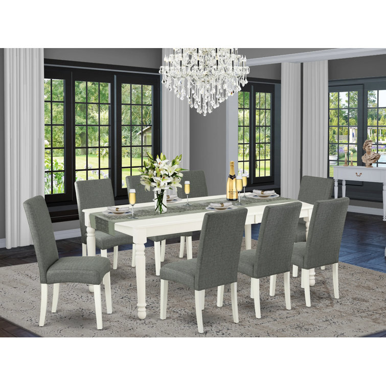 Linen White Extendable Dining Table with 8 Gray Chairs