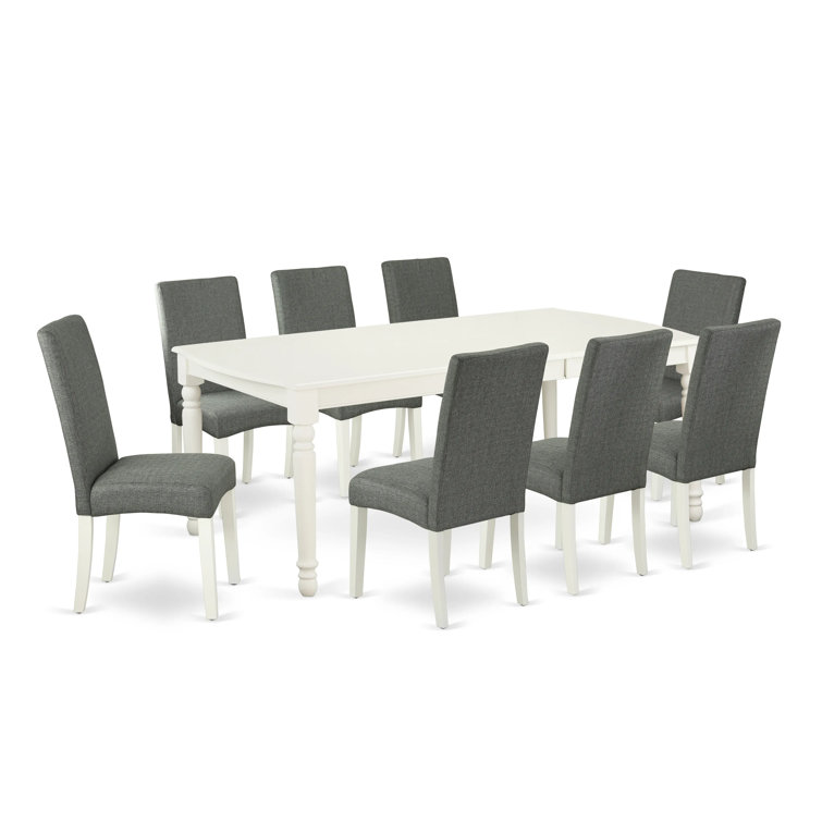 Linen White Extendable Dining Table with 8 Gray Chairs
