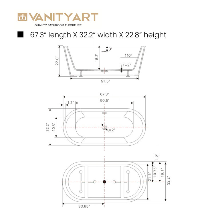 67" x 32" White Freestanding Acrylic Soaking Bathtub