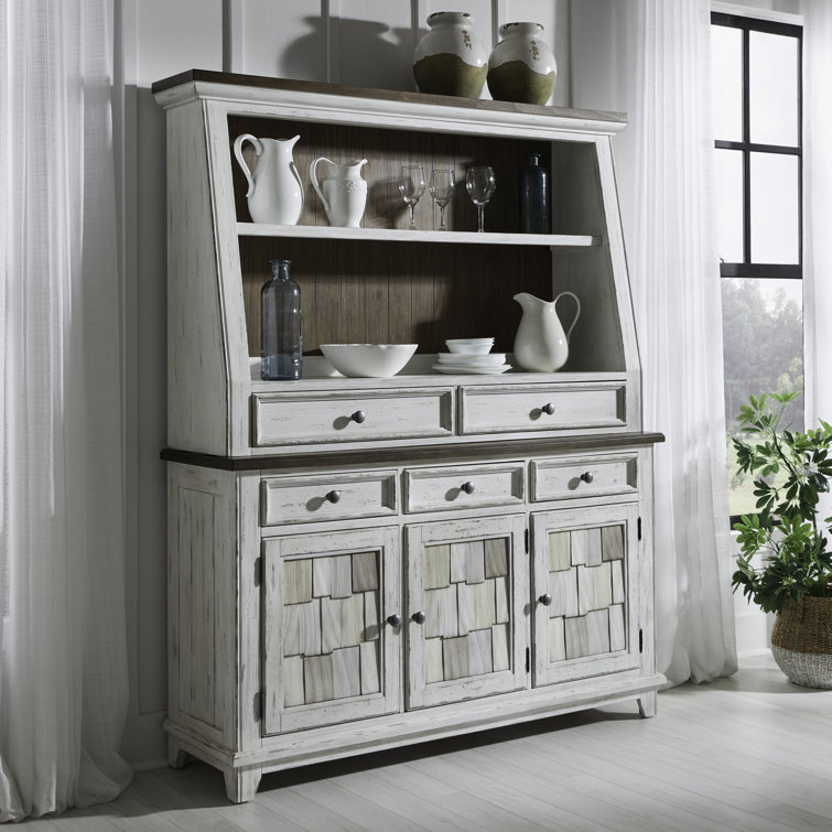 Rustic Brown and White Pine China Cabinet with Hutch