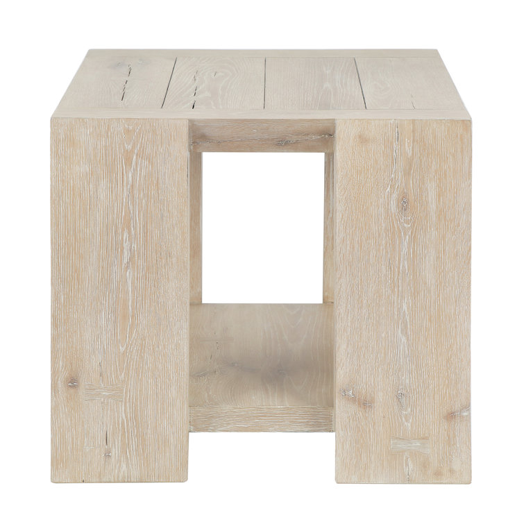 Tan Solid Oak Rectangular End Table with Shelf