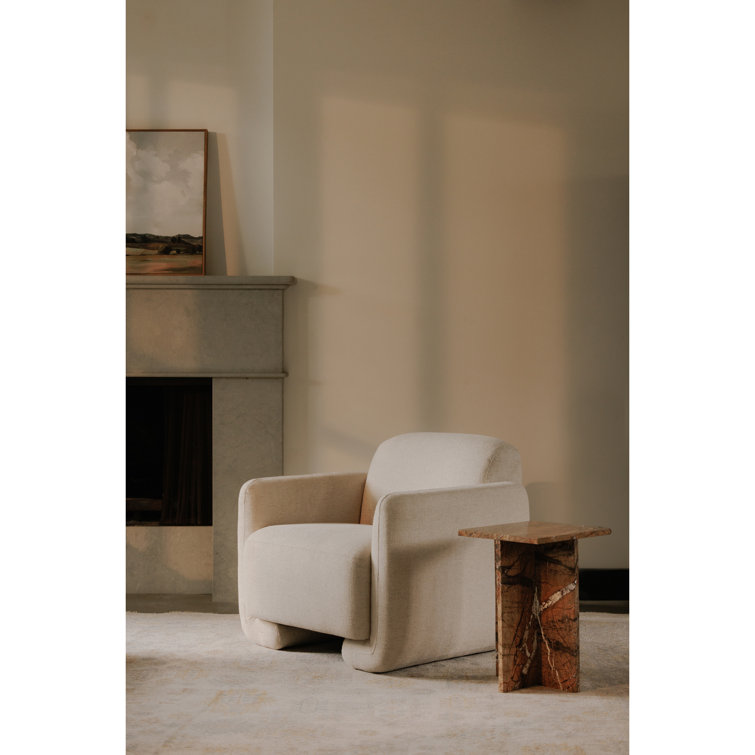 White Polyester Upholstered Barrel Accent Chair with Solid Wood Frame