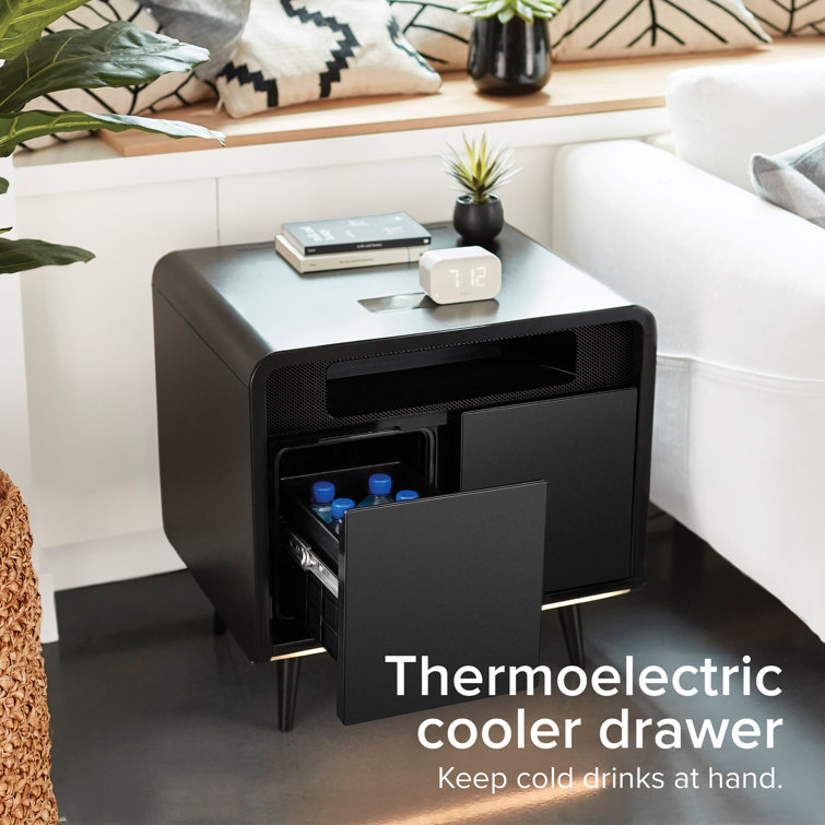 27'' Black Wood and Metal Smart Side Table with Cooling Drawer