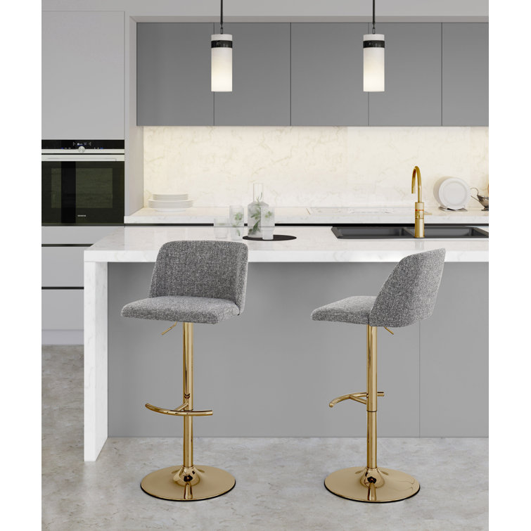 Grey Noise Fabric Gold Metal Adjustable Swivel Barstools Set of 2