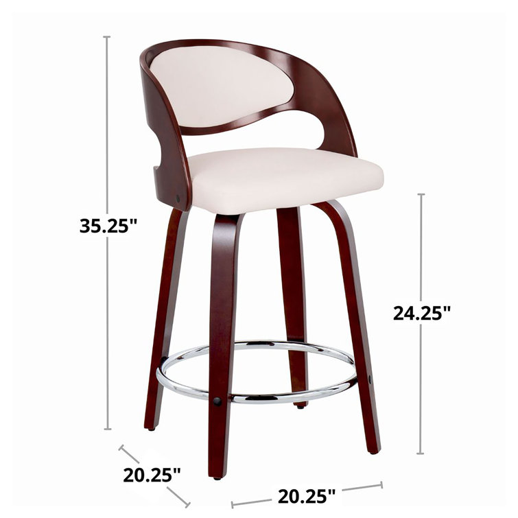 White Faux Leather and Cherry Wood Swivel Counter Stool