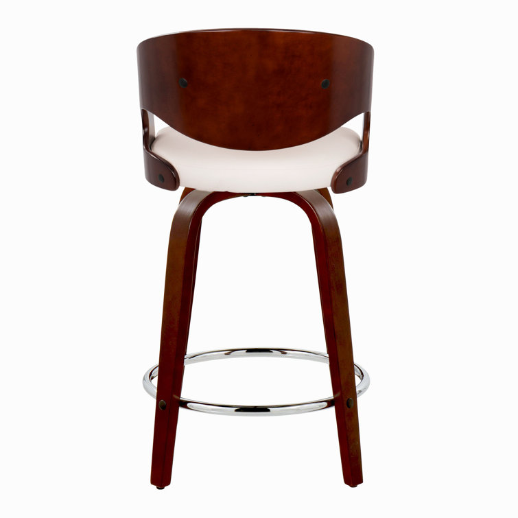 White Faux Leather and Cherry Wood Swivel Counter Stool