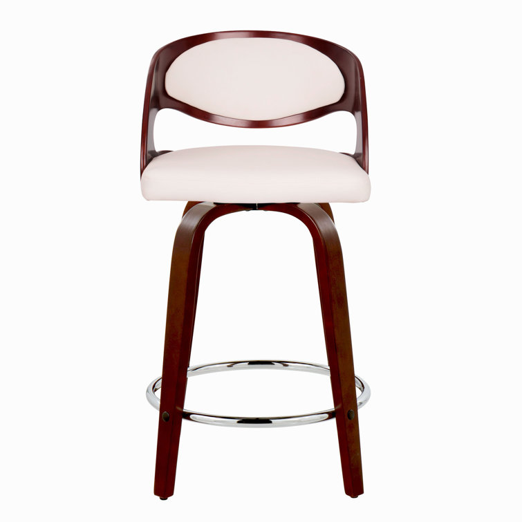 White Faux Leather and Cherry Wood Swivel Counter Stool