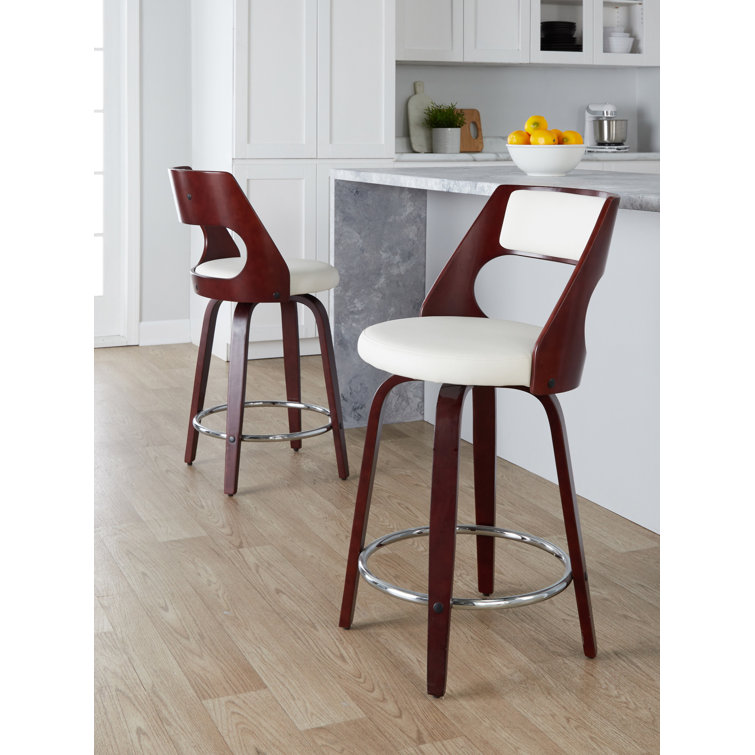 White Faux Leather and Cherry Wood Swivel Counter Stool