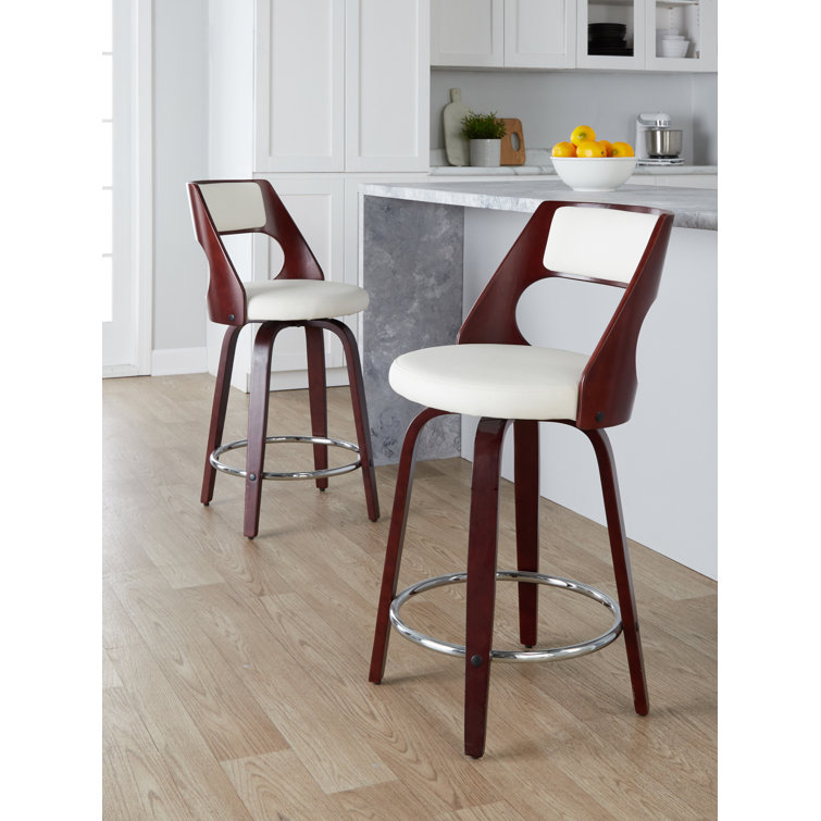 White Faux Leather and Cherry Wood Swivel Counter Stool