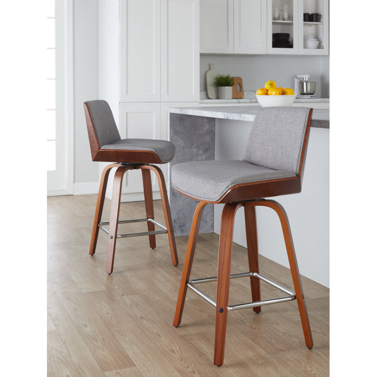 Walnut and Light Gray Swivel Counter Stool with Chrome Footrest