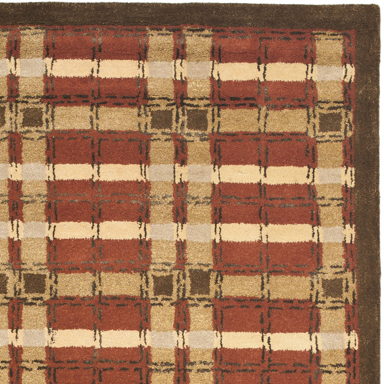Handmade Red and Beige Wool Viscose Plaid Rug