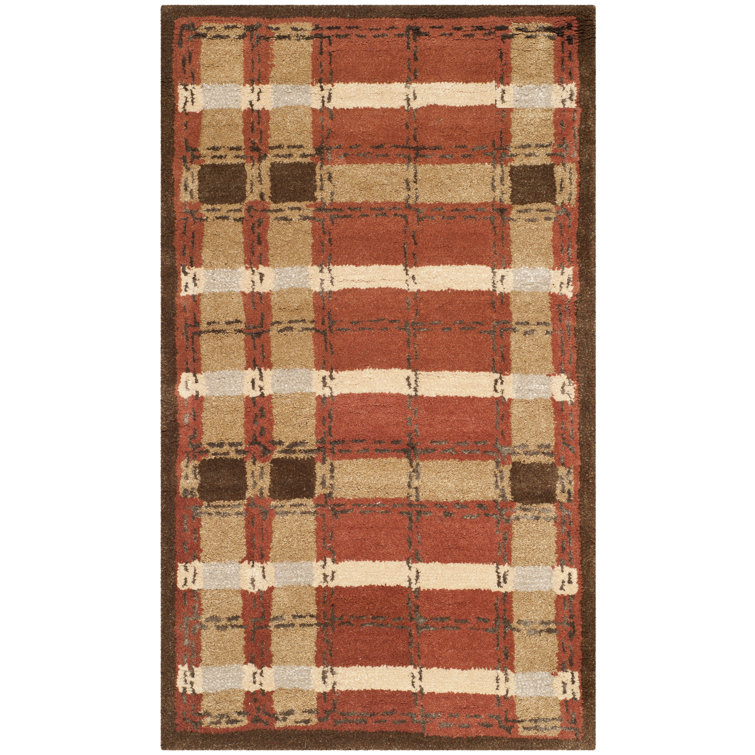 Handmade Red and Beige Wool Viscose Plaid Rug