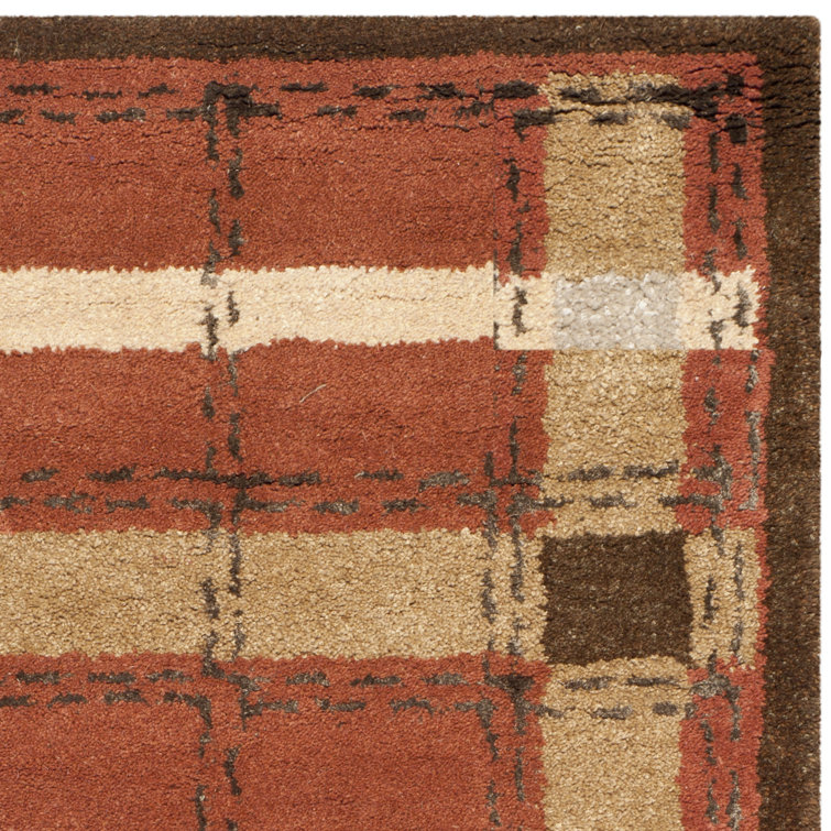 Handmade Red and Beige Wool Viscose Plaid Rug