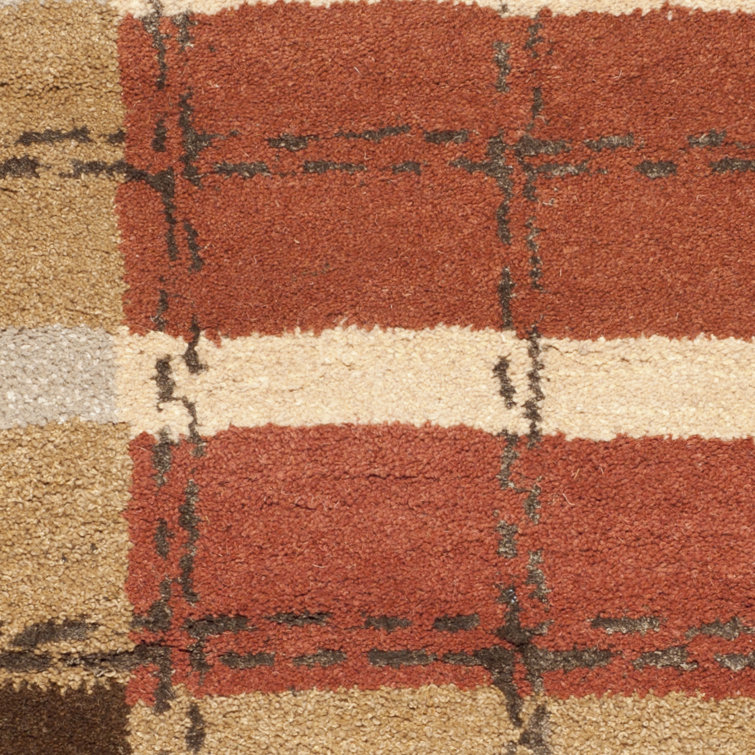 Handmade Red and Beige Wool Viscose Plaid Rug