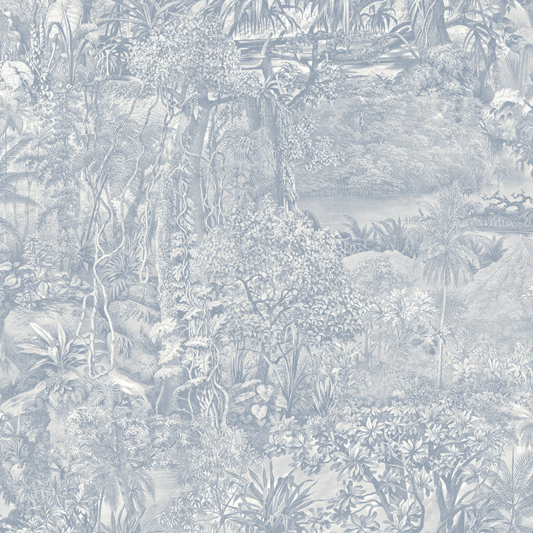 Cornflower Blue Vinyl Jungle Toile Peel and Stick Wallpaper Roll