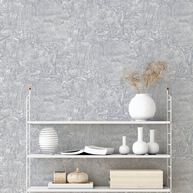 Cornflower Blue Vinyl Jungle Toile Peel and Stick Wallpaper Roll