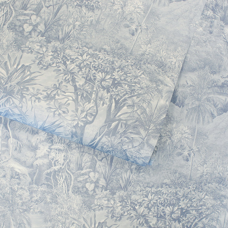 Cornflower Blue Vinyl Jungle Toile Peel and Stick Wallpaper Roll