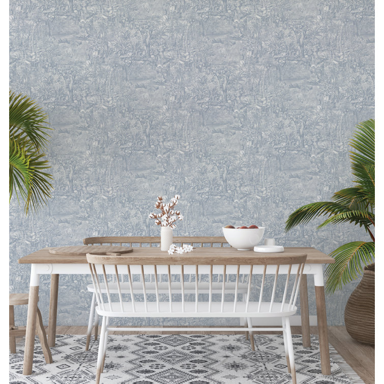Cornflower Blue Vinyl Jungle Toile Peel and Stick Wallpaper Roll