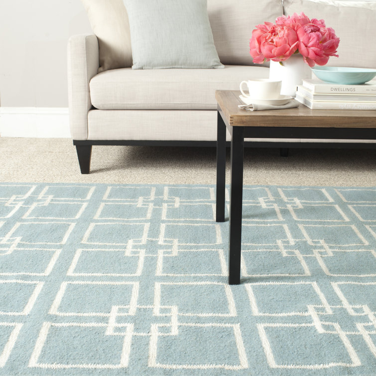 Geyser Blue Geometric Square Dance Wool & Silk 6'x9' Area Rug