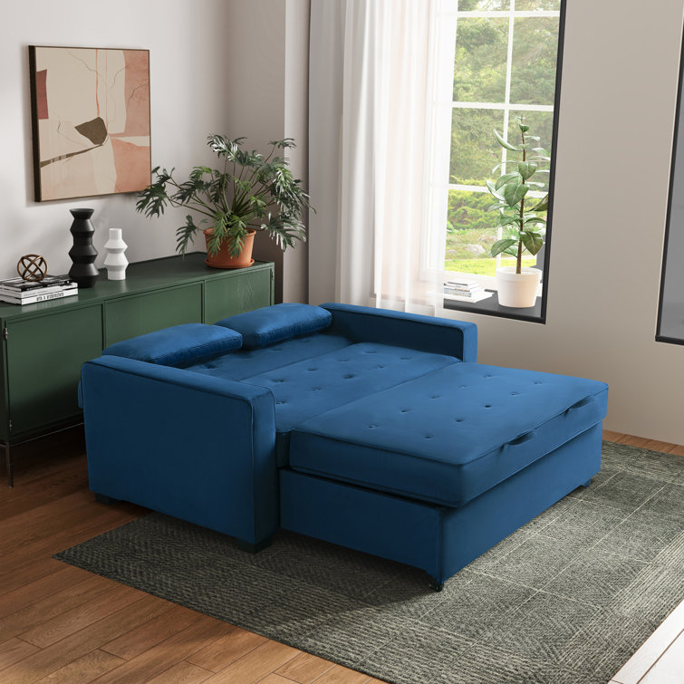 Navy Blue Tufted Microfiber Full Sleeper Loveseat