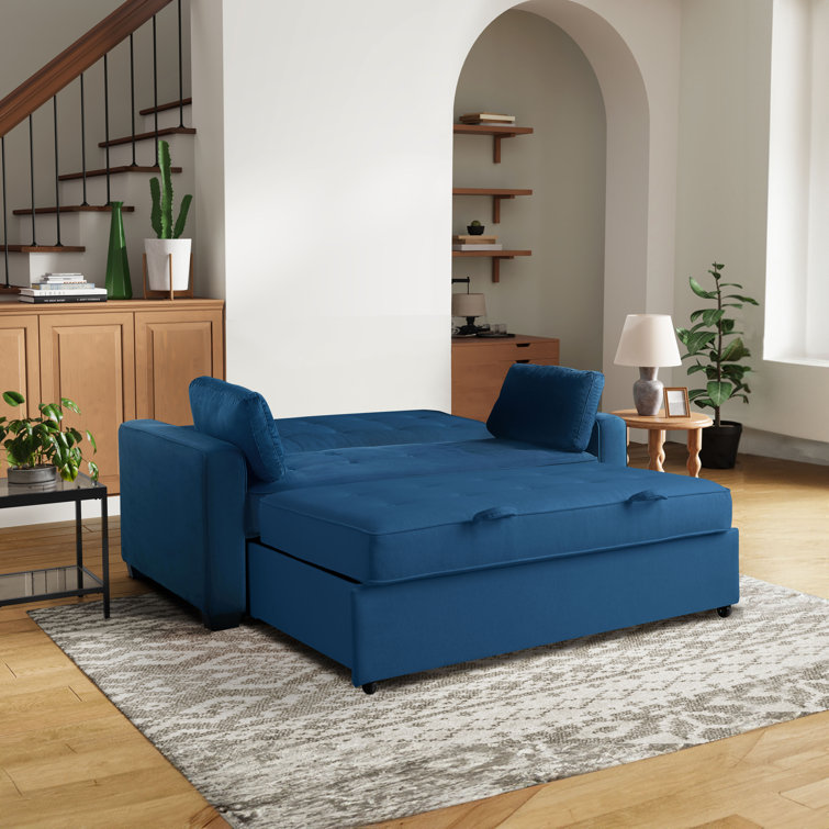 Navy Blue Tufted Queen Size Convertible Sofa with Wood Frame