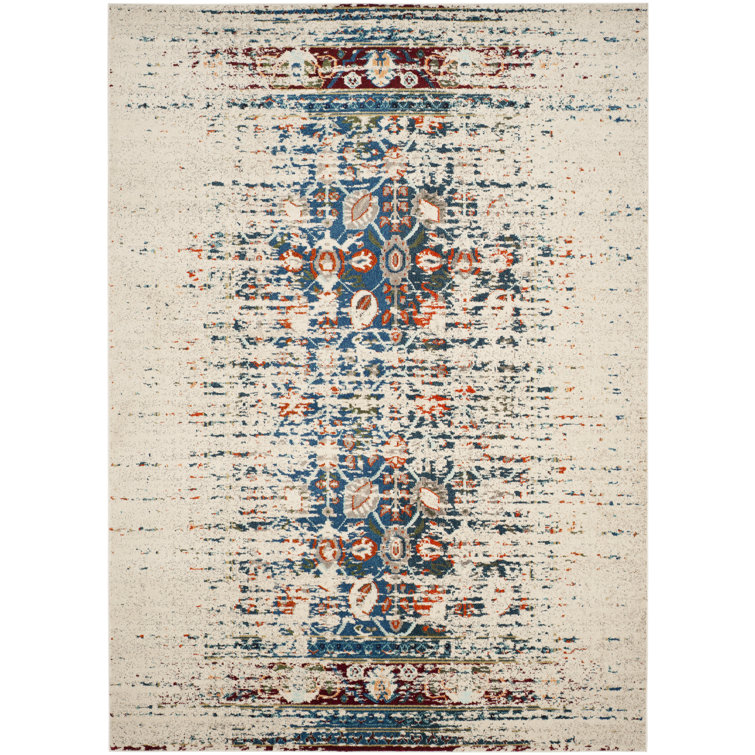 Ivory and Blue Synthetic Boho-Chic Area Rug