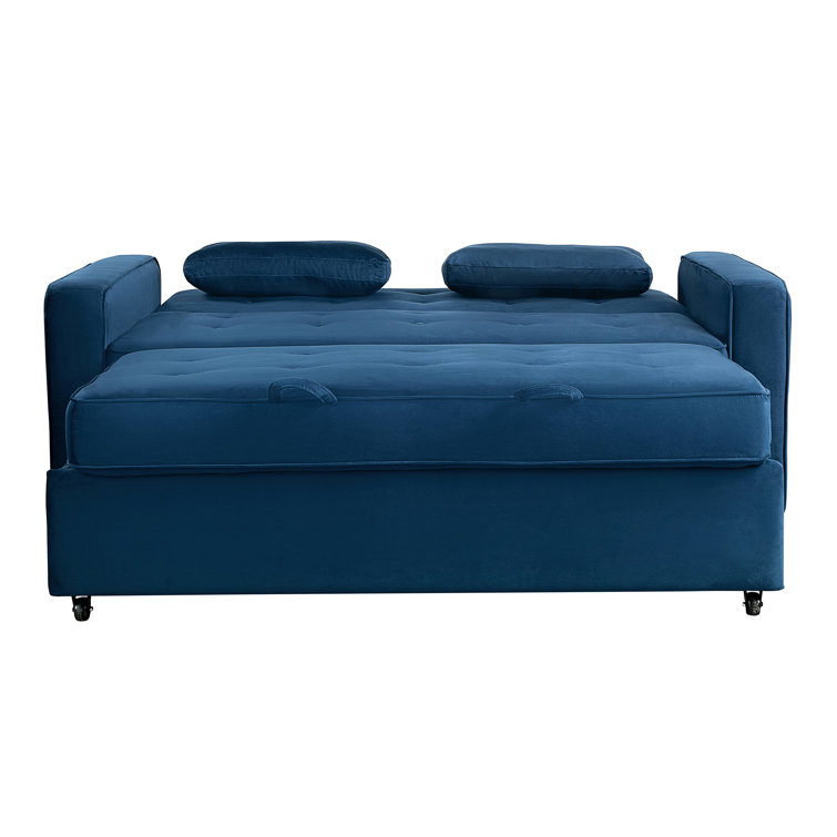 Navy Blue Tufted Queen Size Convertible Sofa with Wood Frame