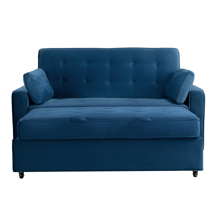 Navy Blue Tufted Queen Size Convertible Sofa with Wood Frame