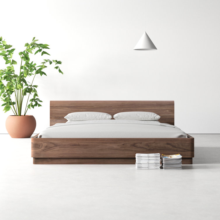 King Walnut Wood Frame Platform Bed with Headboard and Slats