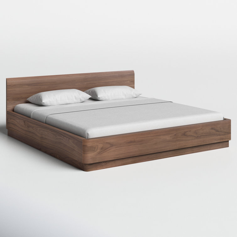 King Walnut Wood Frame Platform Bed with Headboard and Slats