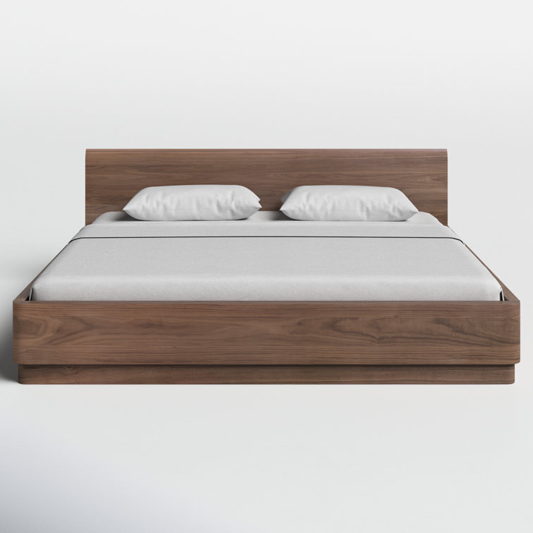 King Walnut Wood Frame Platform Bed with Headboard and Slats