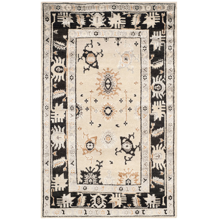 Hand-Knotted Beige and Charcoal Wool Area Rug, 4' x 6'