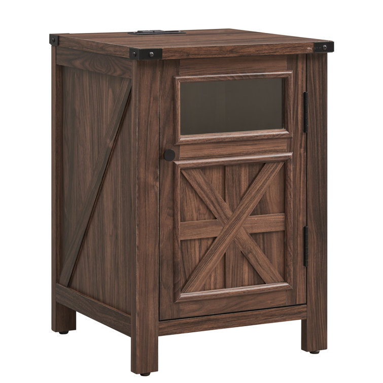 Brown Farmhouse End Table with Charging Station and Adjustable Shelf