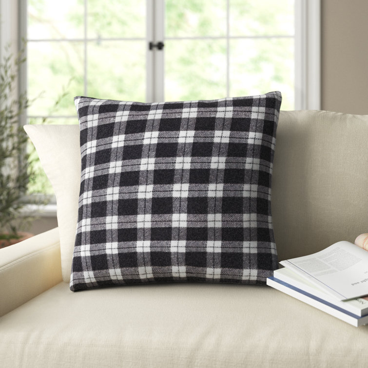 Black and White Plaid Wool Blend Square Throw Pillow