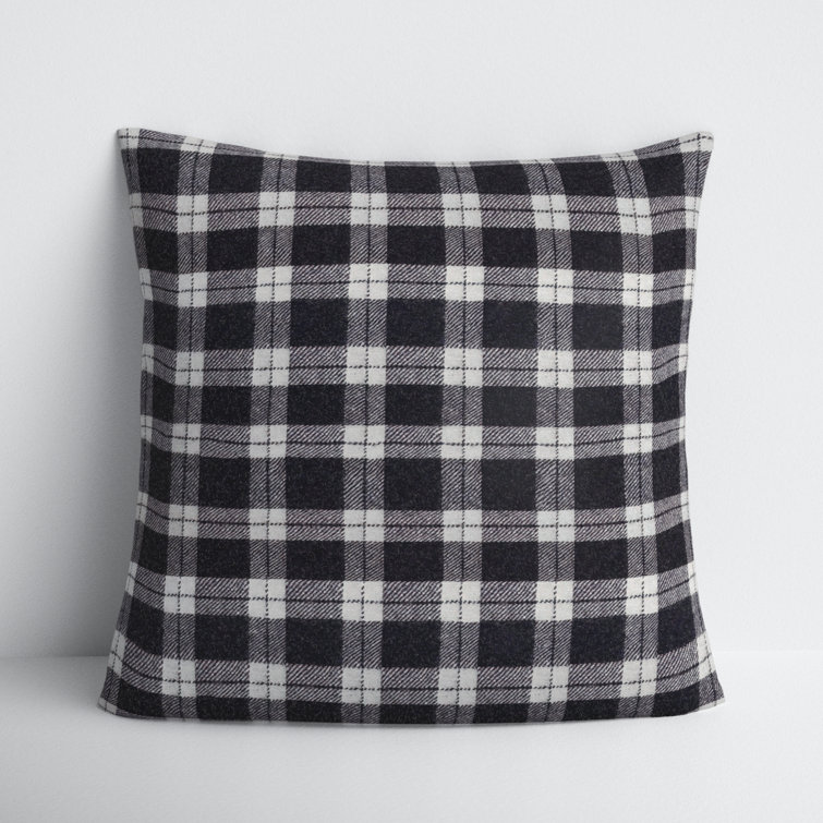 Black and White Plaid Wool Blend Square Throw Pillow