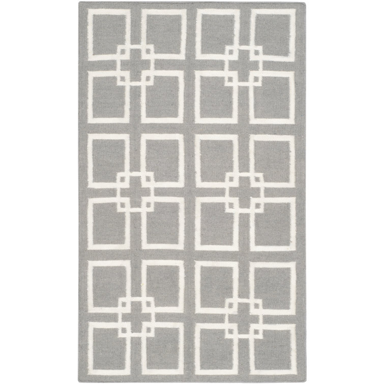 Hand-Knotted Geometric Gray Wool Square Rug - 3' x 5'