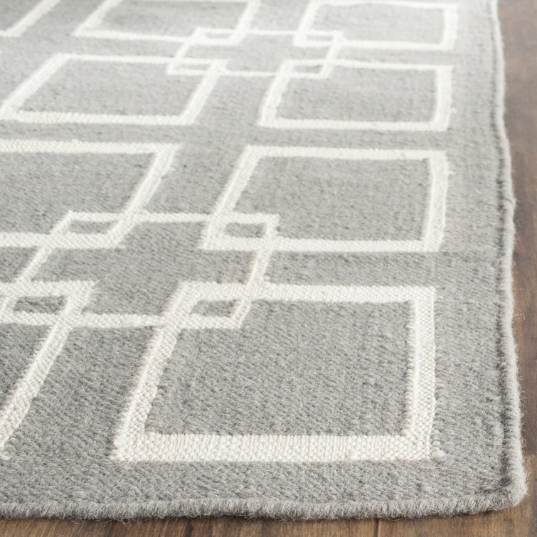 Hand-Knotted Geometric Gray Wool Square Rug - 3' x 5'