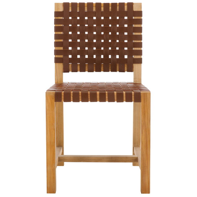 Erline Light Honey Teak and Woven Leather Parsons Side Chair