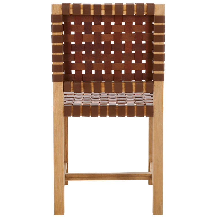Erline Light Honey Teak and Woven Leather Parsons Side Chair