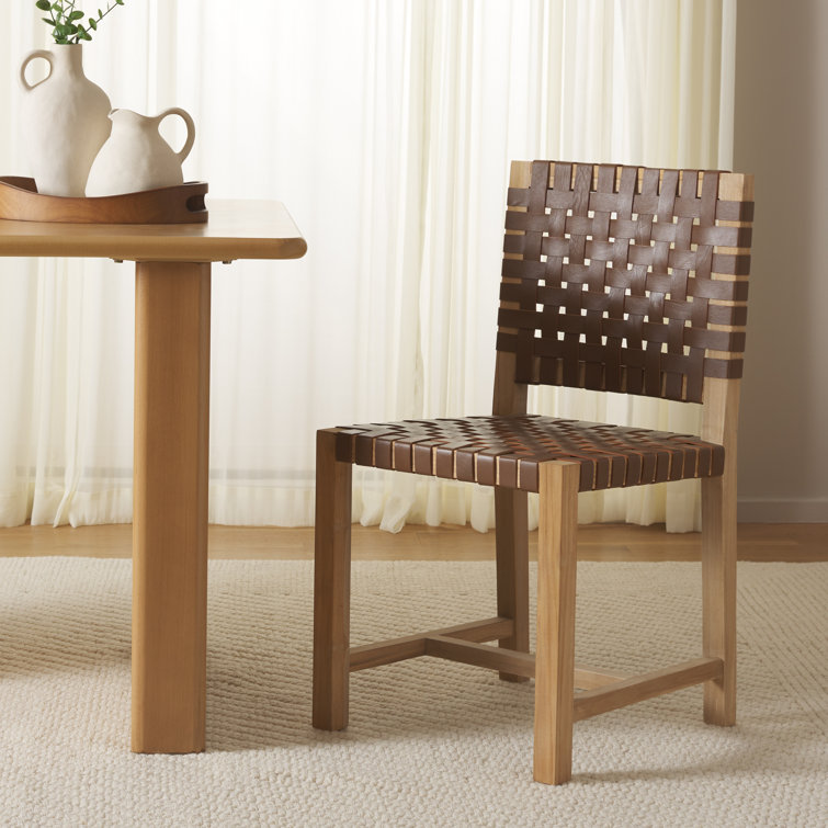 Erline Light Honey Teak and Woven Leather Parsons Side Chair
