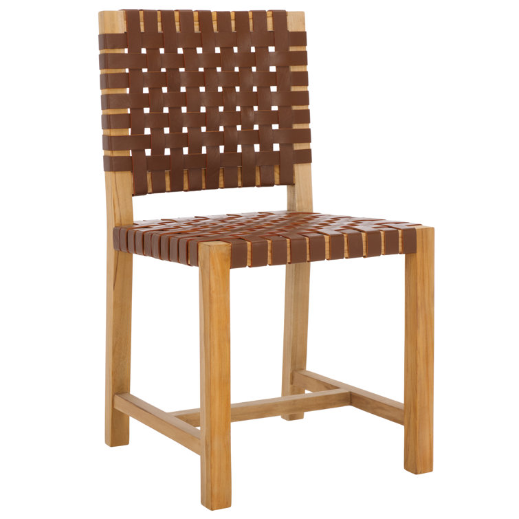 Erline Light Honey Teak and Woven Leather Parsons Side Chair