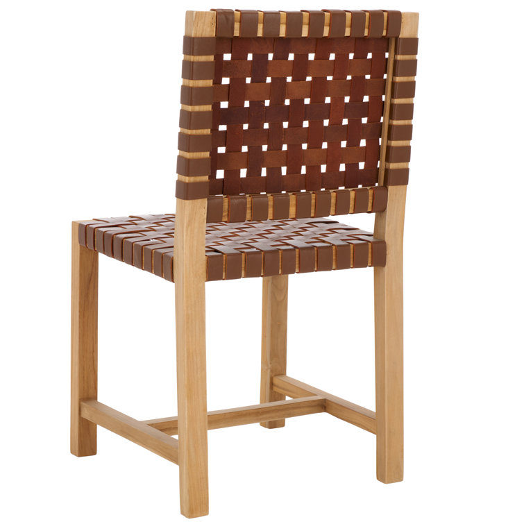 Erline Light Honey Teak and Woven Leather Parsons Side Chair