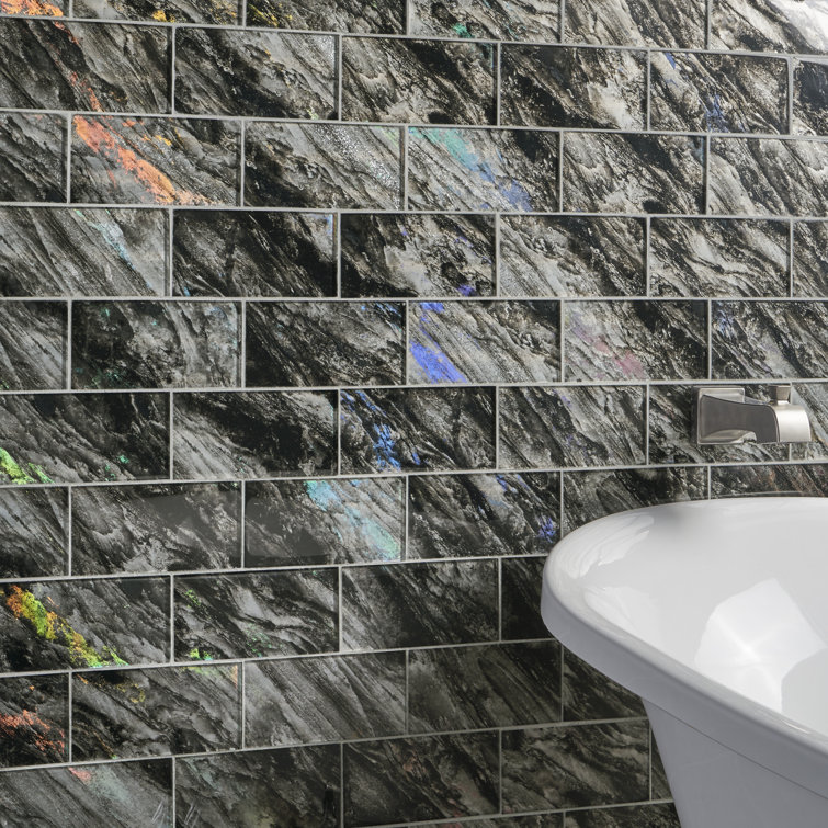 Astral Polished Black Glass Rectangular Wall Tile