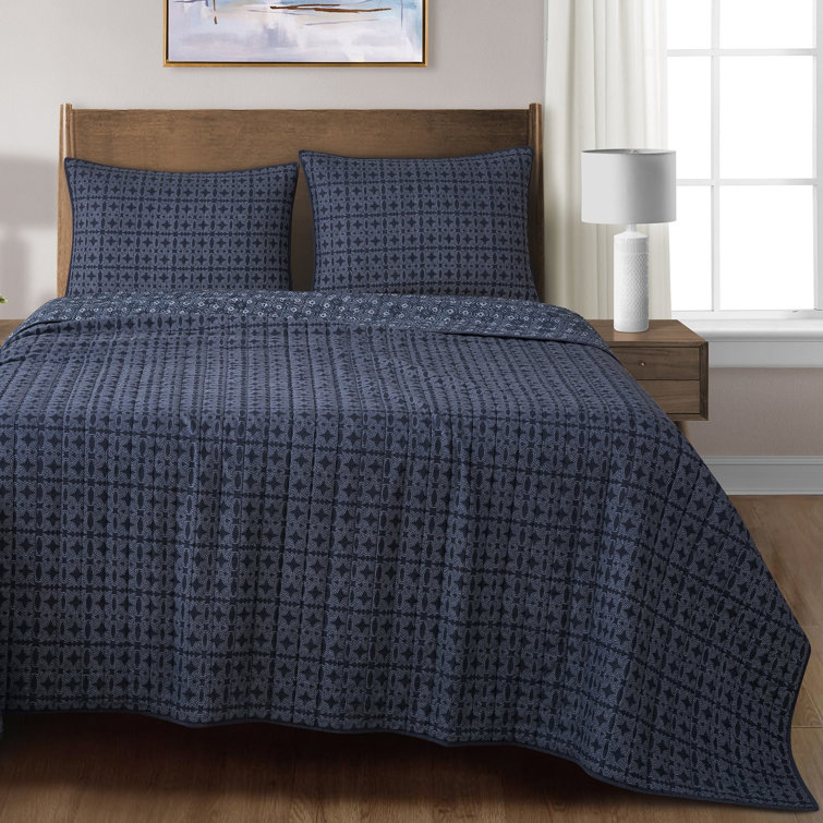 Indigo Blue Cotton Twin Reversible Quilt Set