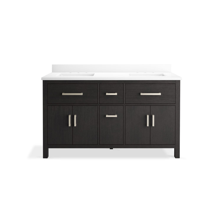 Carbon Oak Double Sink Freestanding Bathroom Vanity with Quartz Top