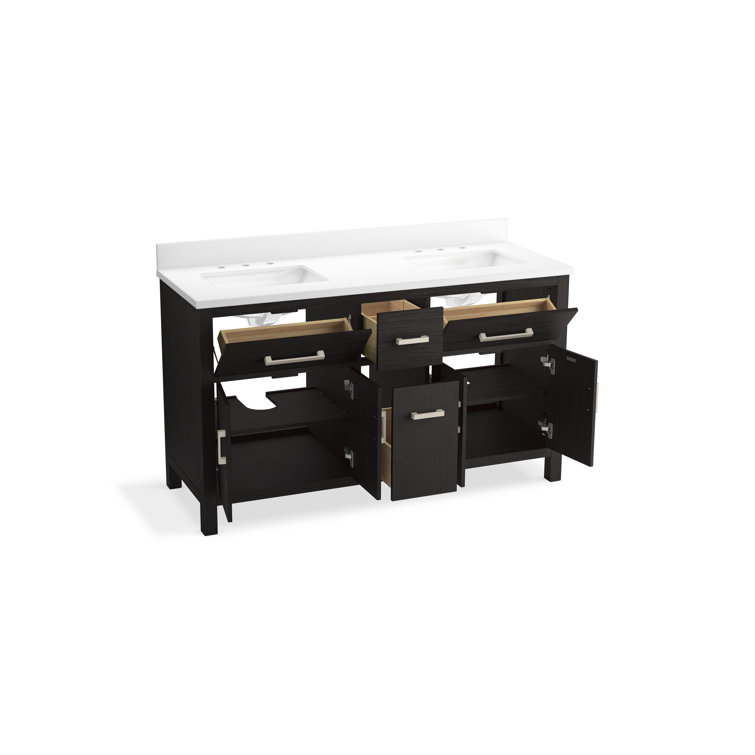 Carbon Oak Double Sink Freestanding Bathroom Vanity with Quartz Top