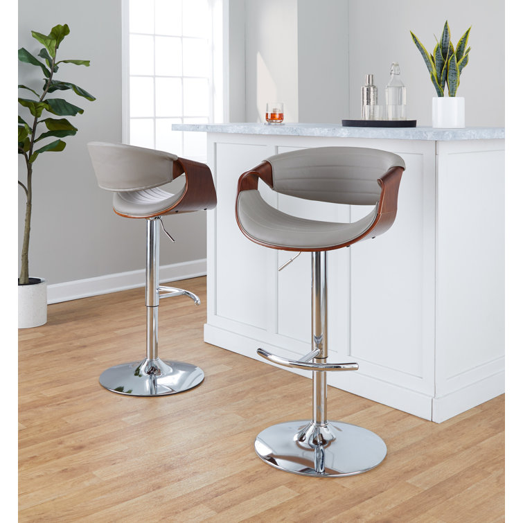 Adjustable Swivel Gray Faux Leather and Walnut Barstool Set