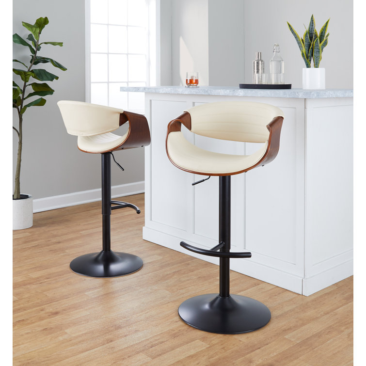 Symphony Adjustable Swivel Barstool Set with Walnut Wood and Cream Upholstery